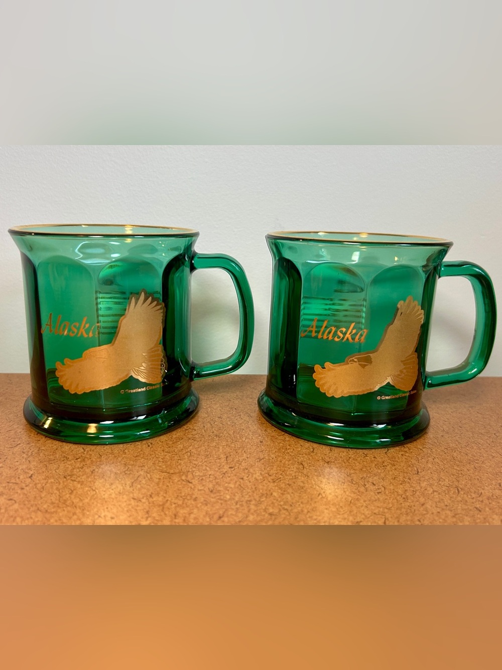 Alaska Green Glass Coffee Mugs (2) with Gold Trim and Eagle Design